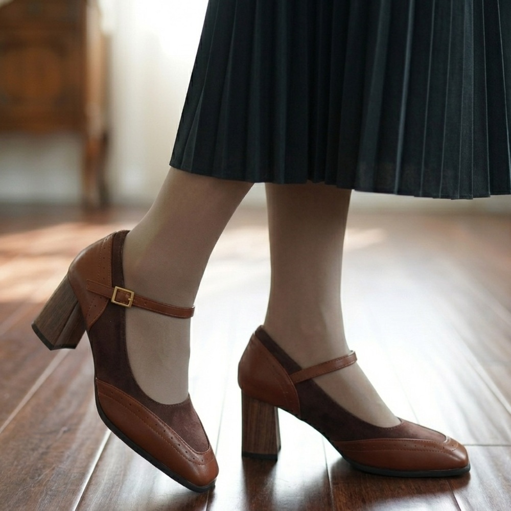 Vintage Style Brown Suede & Leather Mary Jane Heels Square Toe Dark Academia - Picture 2 of 9